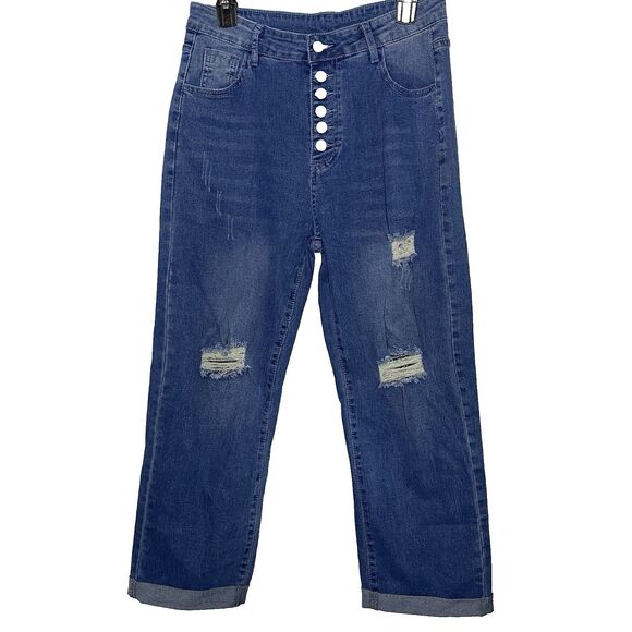 Womens Jeans Button Fly Distressed Cuffed Hem Cropped High Rise Denim Dark L - Picture 1 of 8